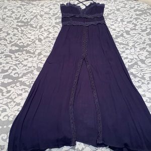 lulumari Navy Blue Long Cotton Crepe with Crochet Lace Trim Gown ✨Like New✨